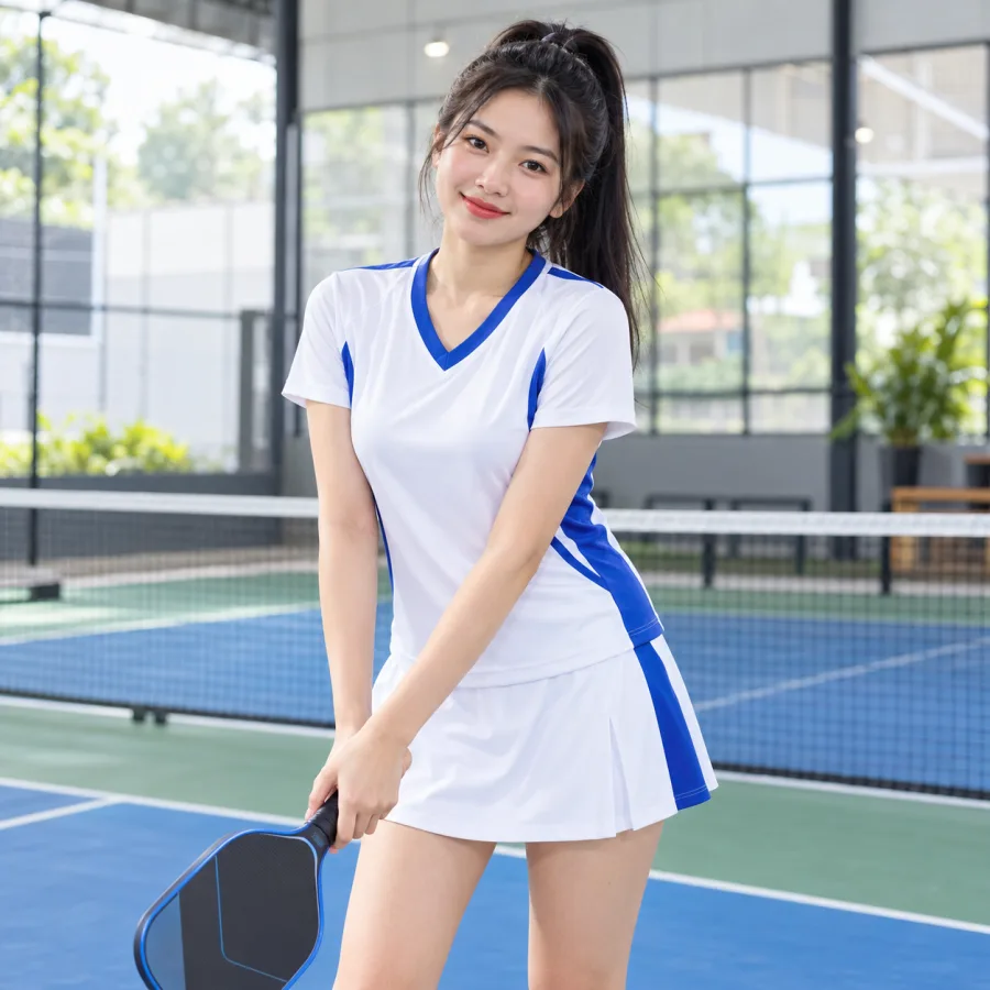 Áo Pickleball nữ trắng phối xanh cobalt, vải interlock mềm mịn, cổ chữ V – phối màu tương phản
