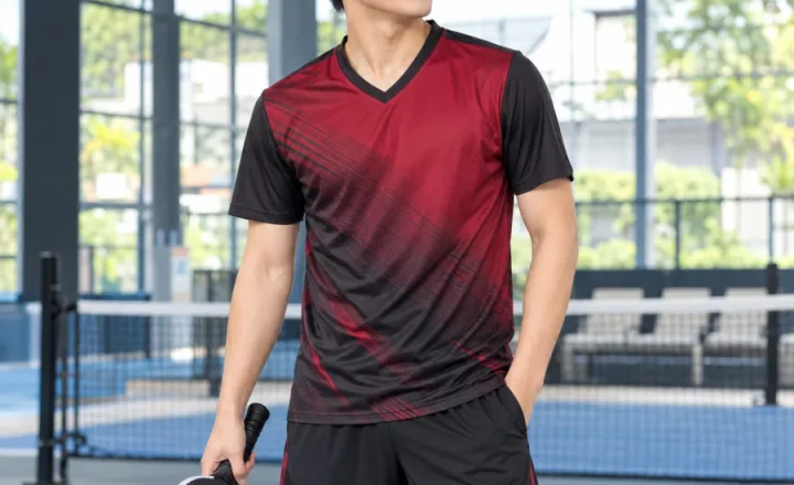 Áo Pickleball nam đỏ đô phối đen, vải interlock mềm mịn, cổ chữ V – gradient chuyển sắc