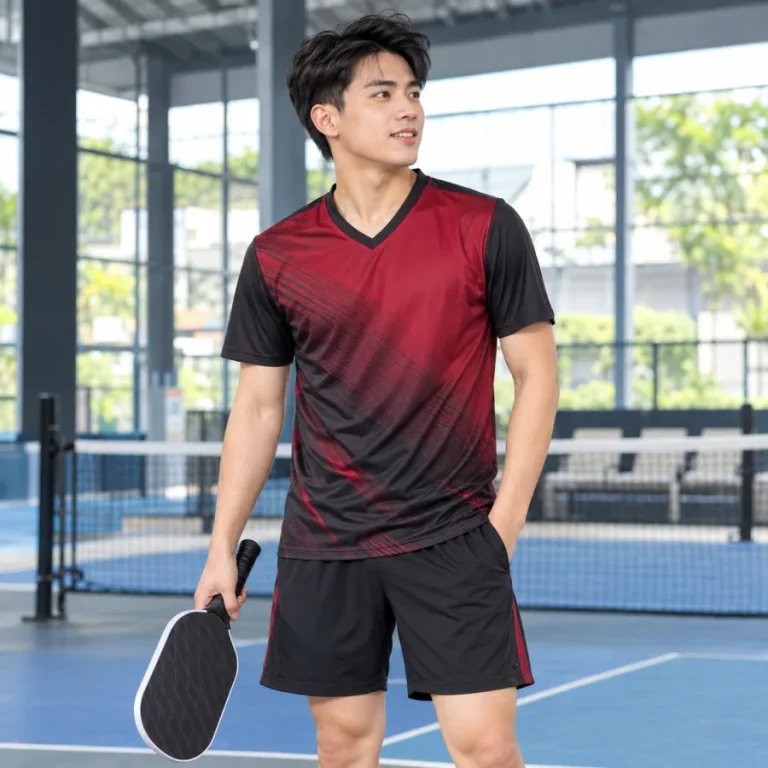 Áo Pickleball nam đỏ đô phối đen, vải interlock mềm mịn, cổ chữ V – gradient chuyển sắc