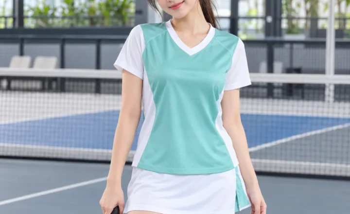 Áo Pickleball nữ xanh ngọc phối trắng, vải interlock mềm mịn, cổ chữ V – thanh lịch dễ phối logo