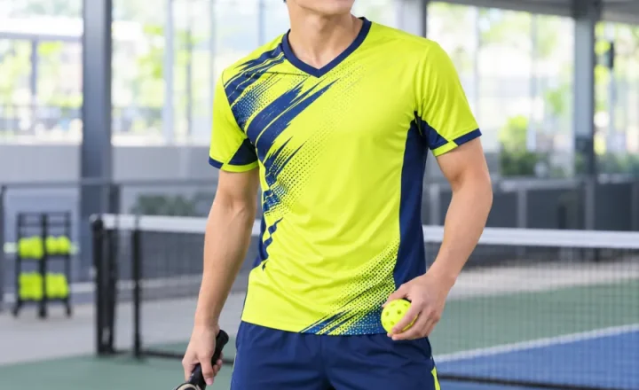 Áo Pickleball nam vàng chanh phối xanh đậm, vải interlock mềm mịn, cổ chữ V – họa tiết năng lượng
