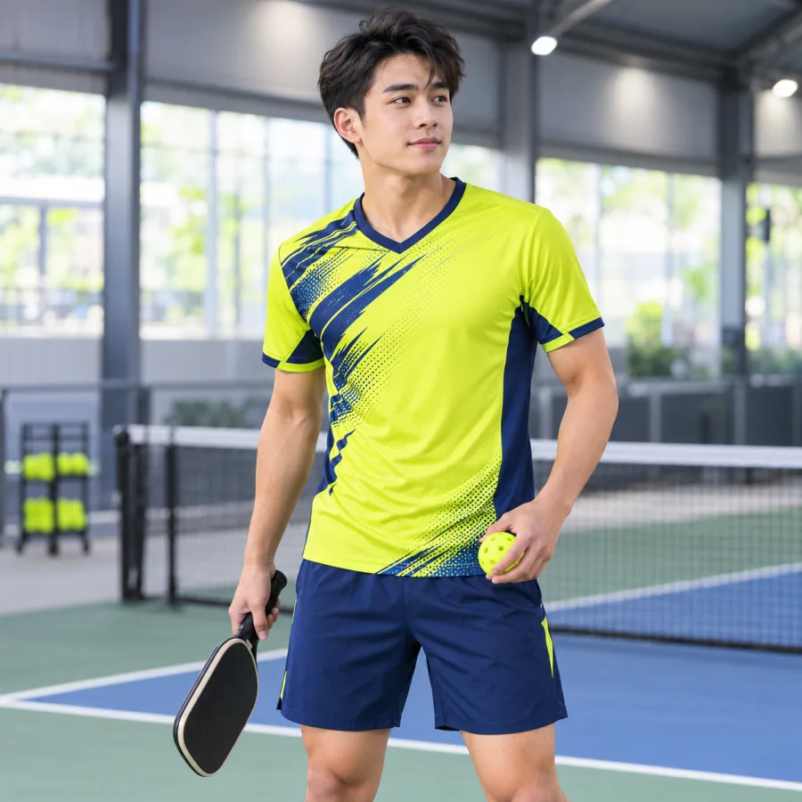 Áo Pickleball nam vàng chanh phối xanh đậm, vải interlock mềm mịn, cổ chữ V – họa tiết năng lượng