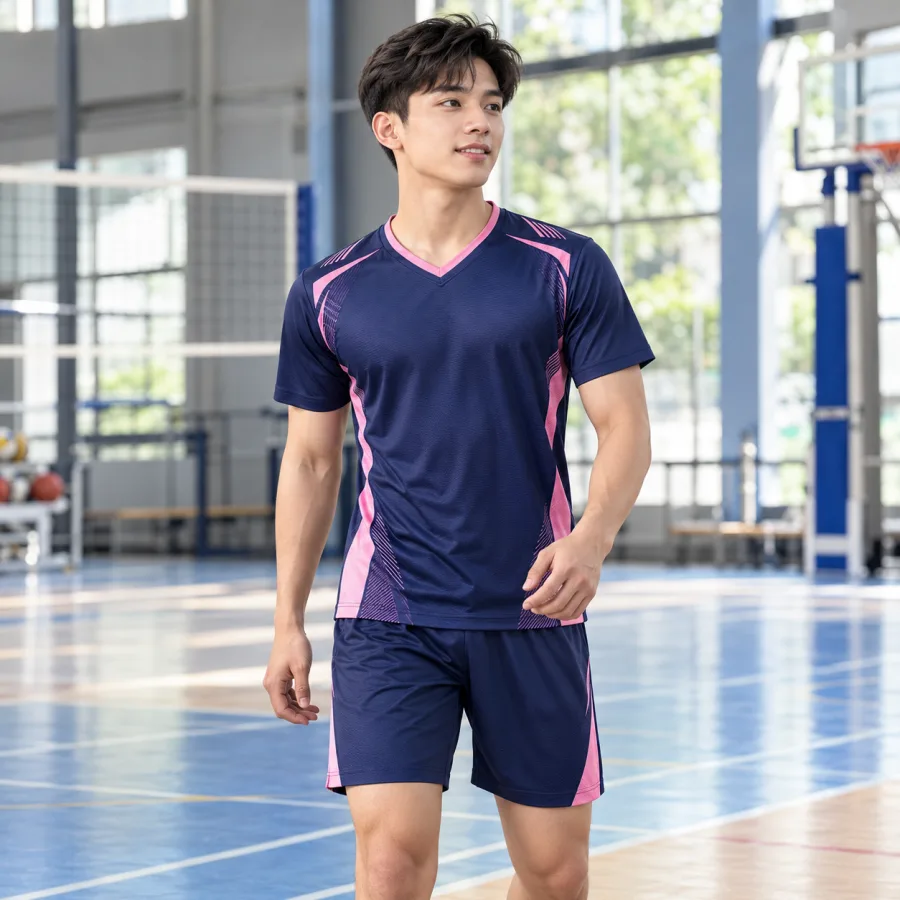 Đồng phục thể thao đa năng nam tím than phối hồng, vải interlock mềm mịn, cổ chữ V – tối giản hiện đại