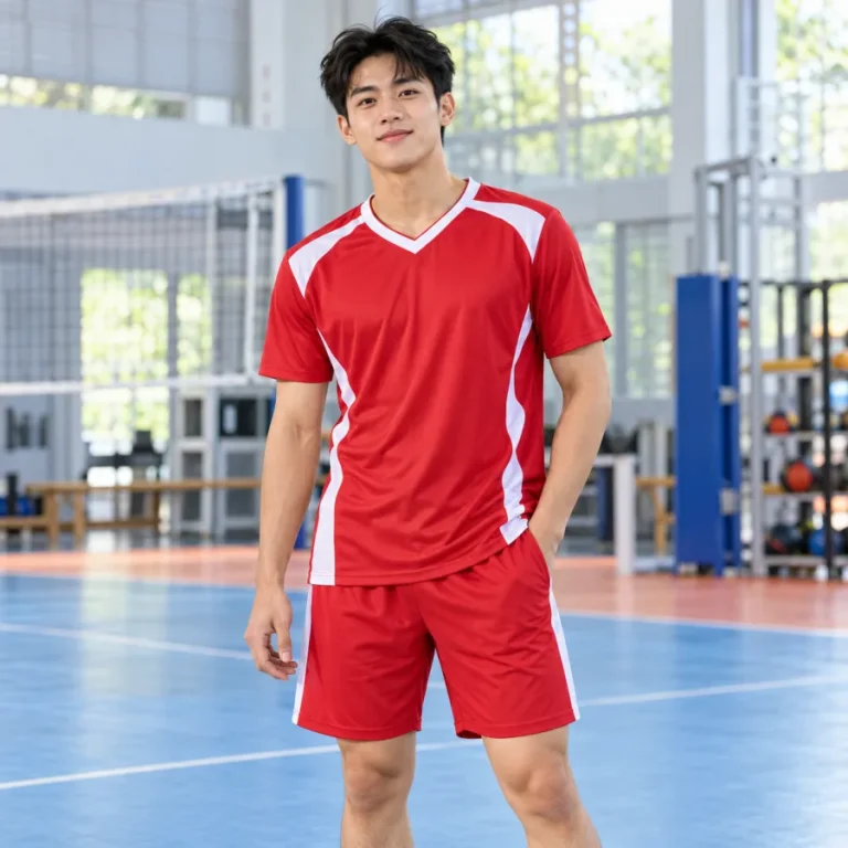 Đồng phục thể thao đa năng nam đỏ tươi phối trắng, vải interlock mềm mịn, cổ chữ V – thanh lịch dễ phối logo