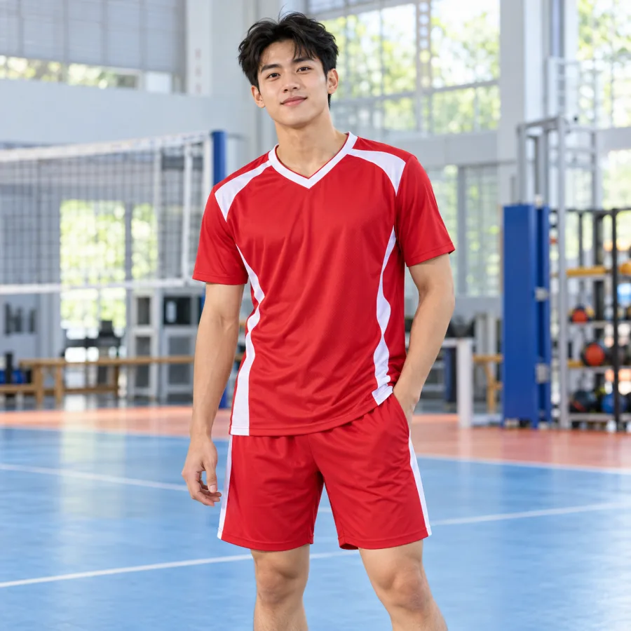 Đồng phục thể thao đa năng nam đỏ tươi phối trắng, vải interlock mềm mịn, cổ chữ V – thanh lịch dễ phối logo