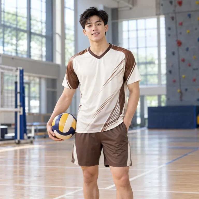 Đồng phục thể thao đa năng nam trắng kem phối nâu, vải interlock mềm mịn, cổ chữ V – sọc tốc độ