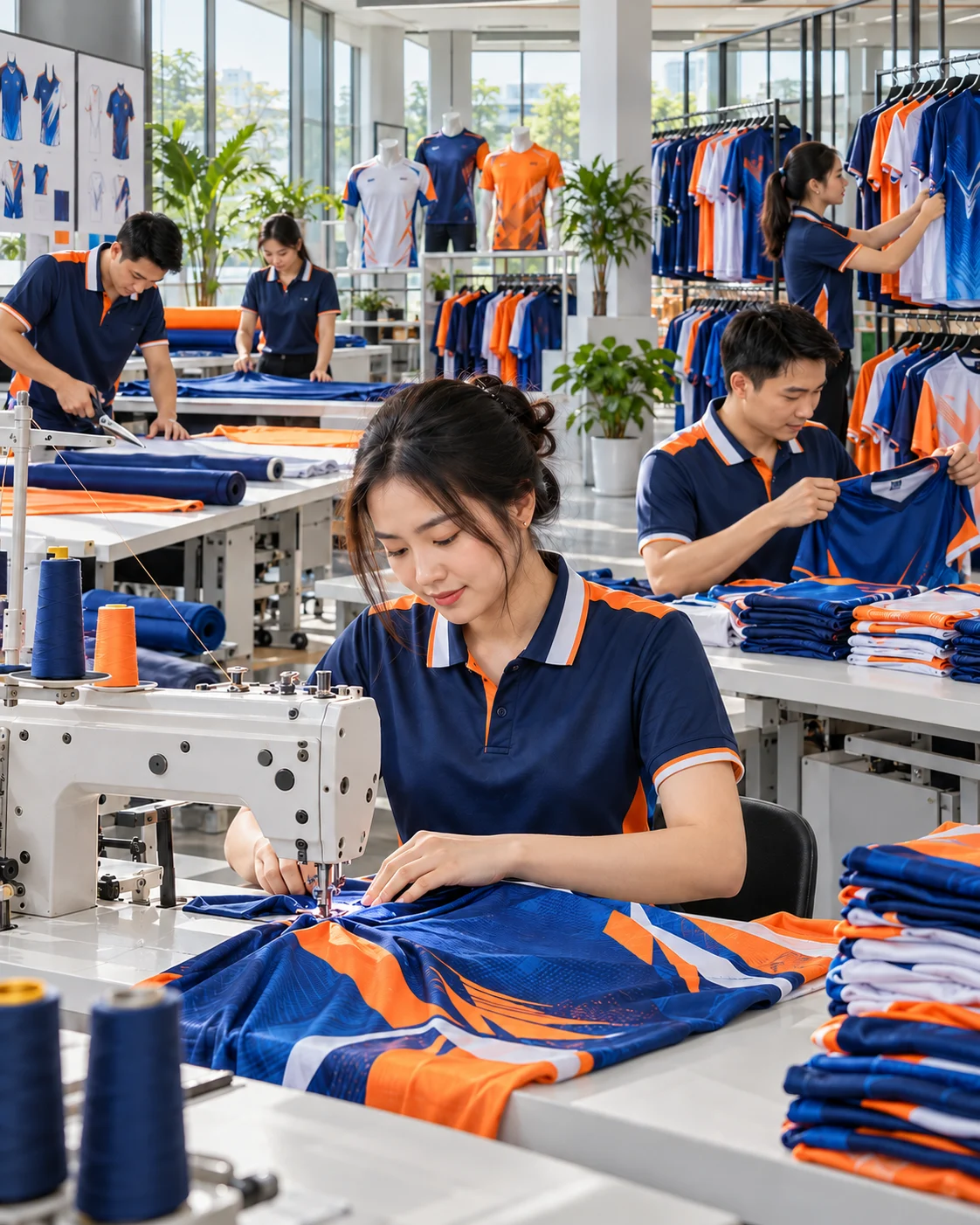 Đội ngũ người Việt đang thiết kế và may áo thể thao xanh cam tại xưởng In Áo Bóng Đá